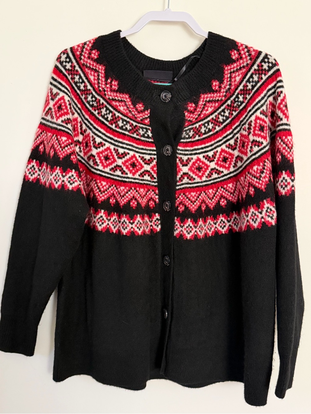 Lane Bryant Black Cardigan with Red & White Nordic Yoke